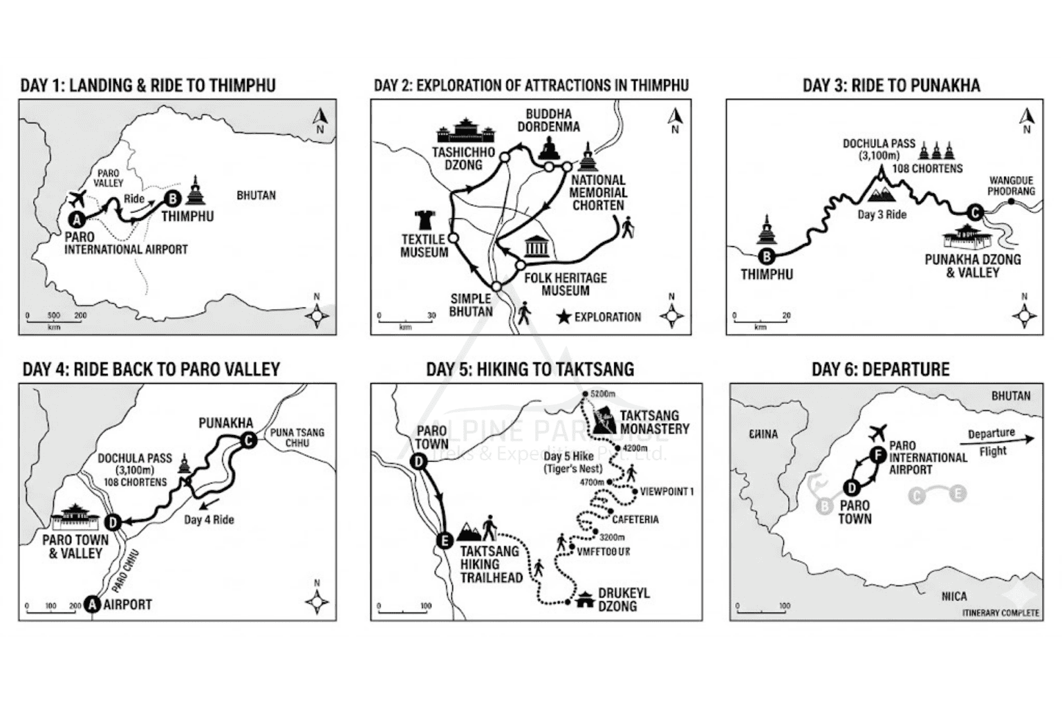 trip route map for Bhutan 5 Nights 6 Days Tour 