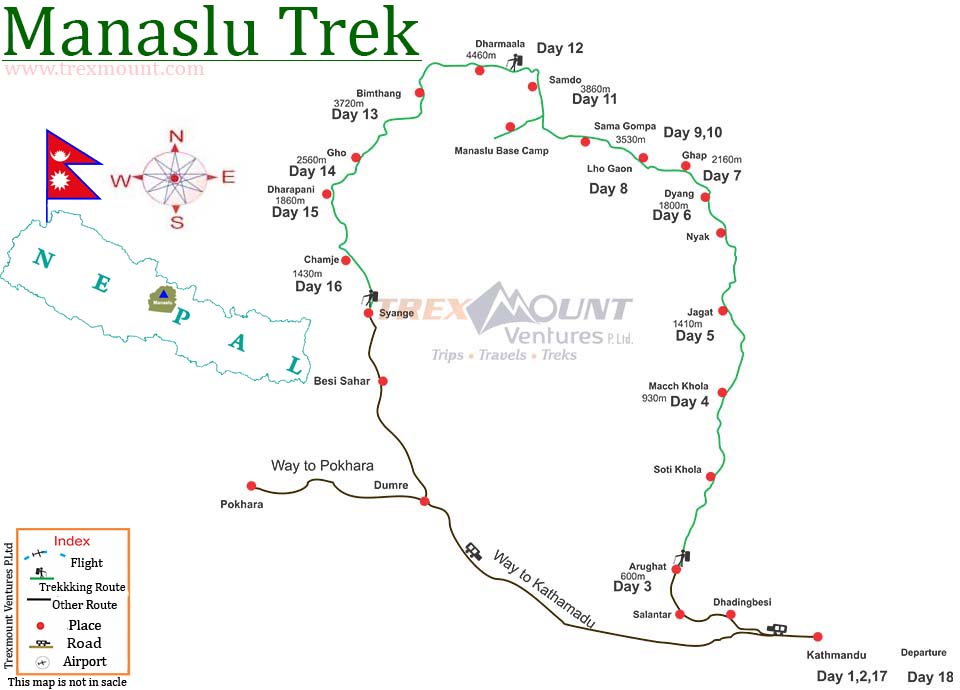 trip route map for Manaslu Tsum Valley Trek 