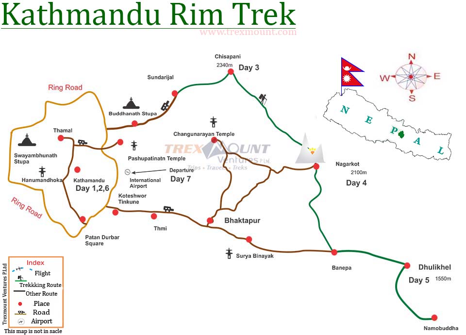 trip route map for Kathmandu Rim Trekking 