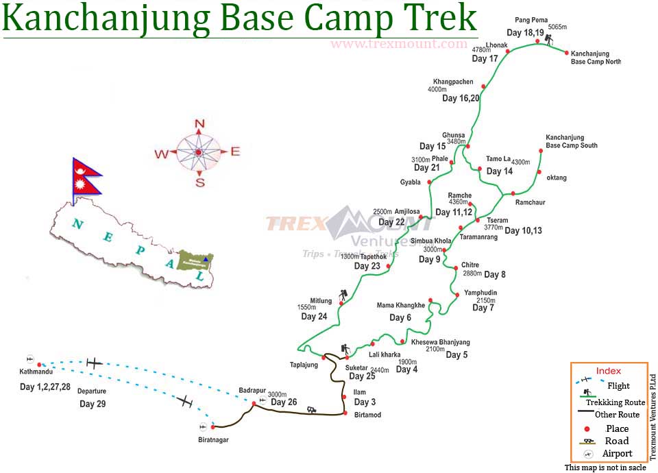 trip route map for Kanchenjunga Base Camp Trekking 