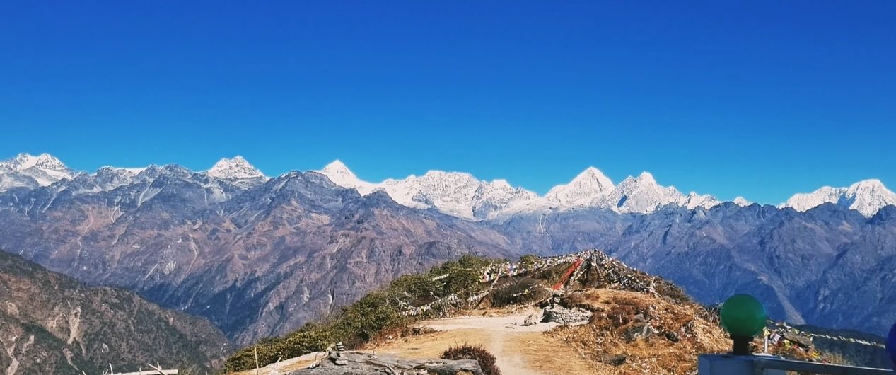 Panoramic view of the surrounding mountains Annapurna, Manaslu, and  Everest